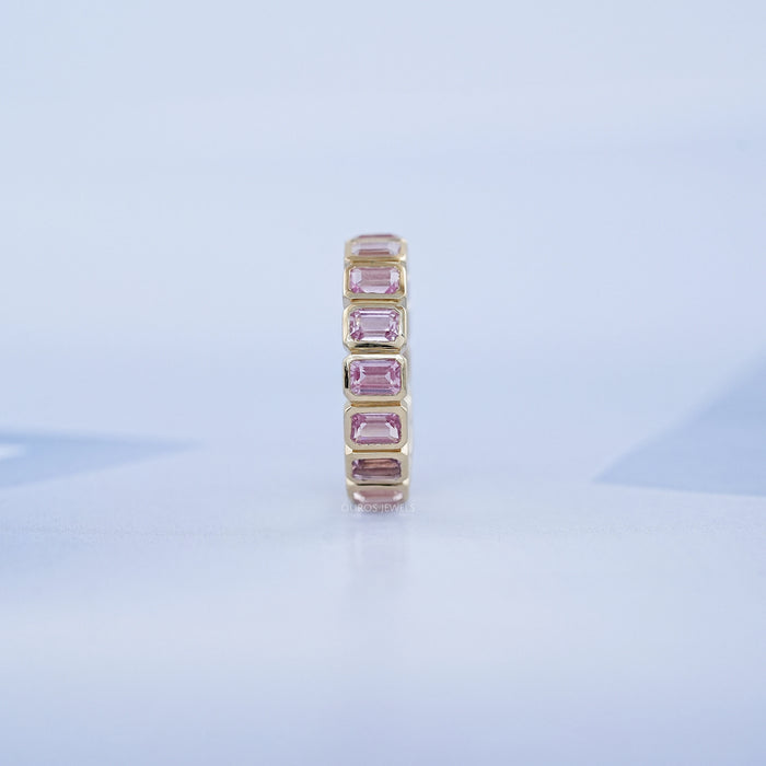 Pink Emerald Cut Sapphire With Lab Diamond Bezel Set Eternity Band