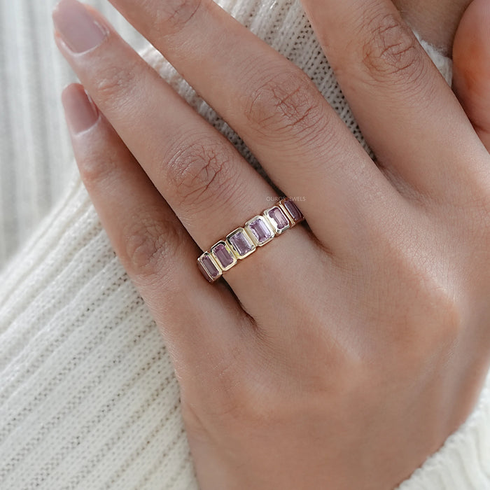 Pink Emerald Cut Sapphire With Lab Diamond Bezel Set Eternity Band