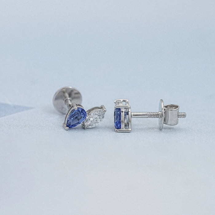 Two Stone Sapphire Pear And Marquise Diamond Stud Earrings