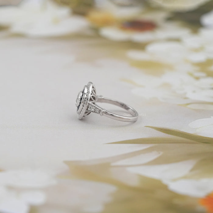OEC Diamond with Blue Tapered Baguette Double Halo Ring