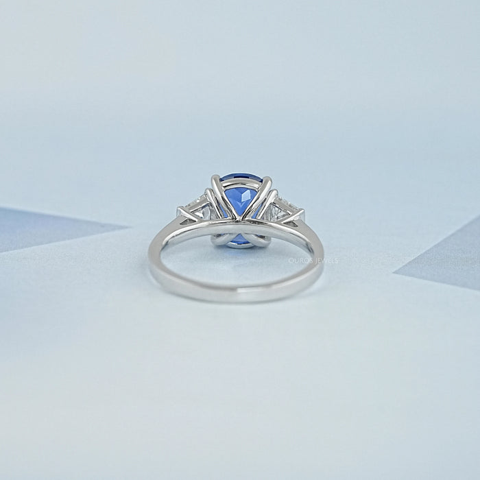 Cushion Cut Sapphire and Trapezoid Lab Diamond Ring