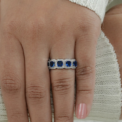 Five Stone Blue Asscher Cut Gemstone Halo Diamond Ring Rings