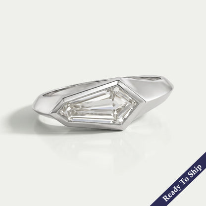 East West Step Cut Shield Bezel Set Solitaire Ring