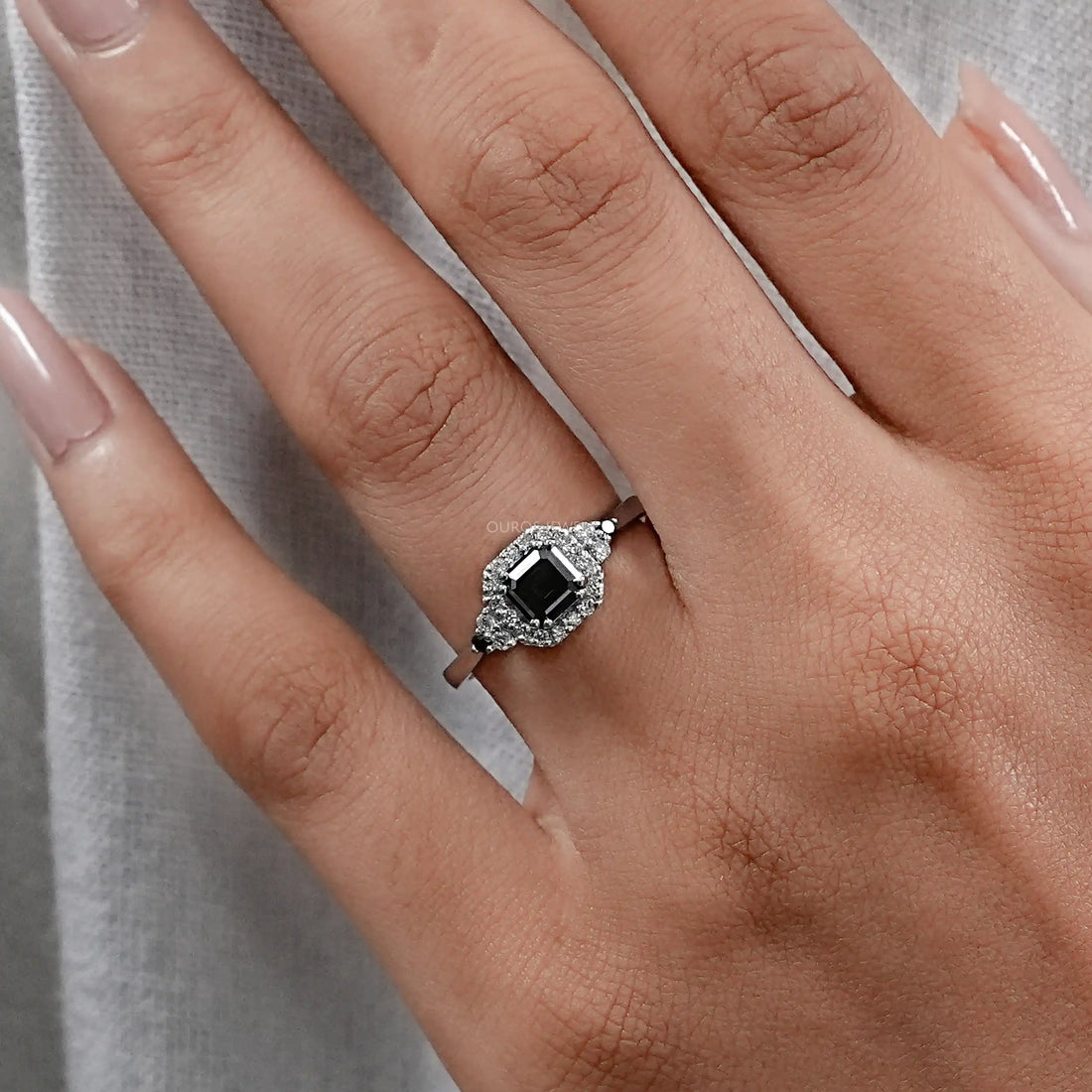 Asscher Cut Black Diamond Halo Ring Ring