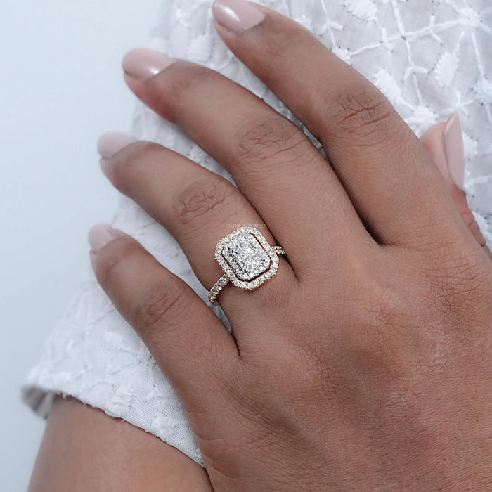 radiant cut lab diamond double halo engagement ring in finger