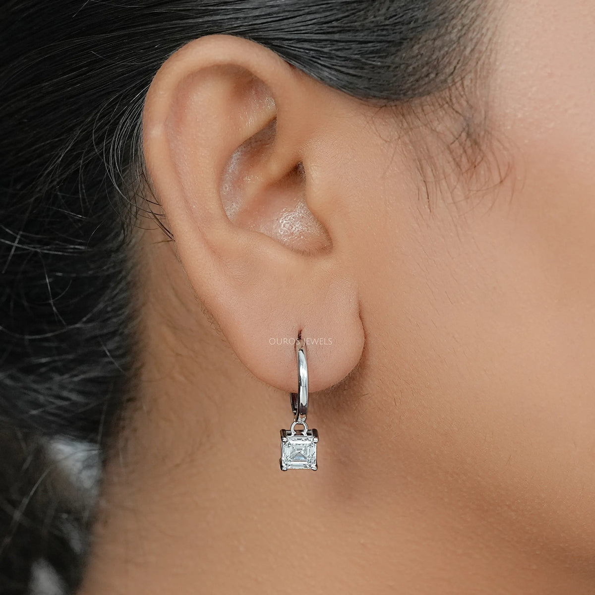 Asscher Lab Diamond Dangle Hoop Earrings