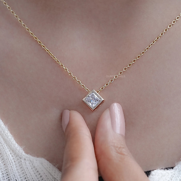 Bezel Set Princess Cut Lab Grown Diamond Necklace 