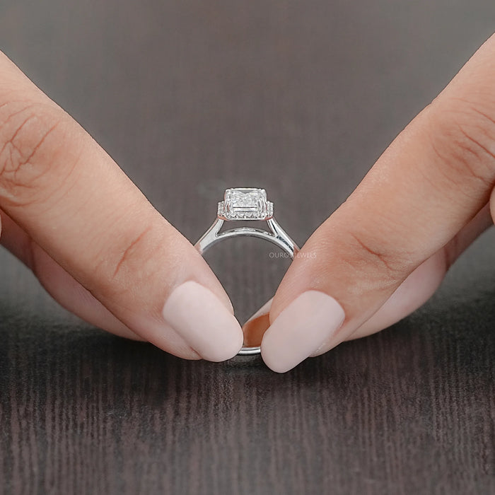 Emerald Cut Lab Grown Diamond Halo Setting Engagement Ring 
