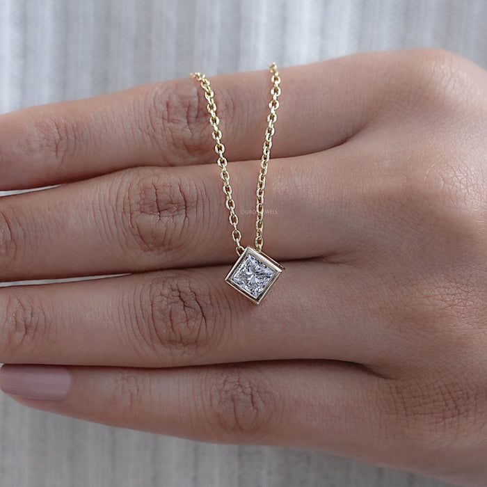 Bezel Set Princess Cut Lab Grown Diamond Necklace 