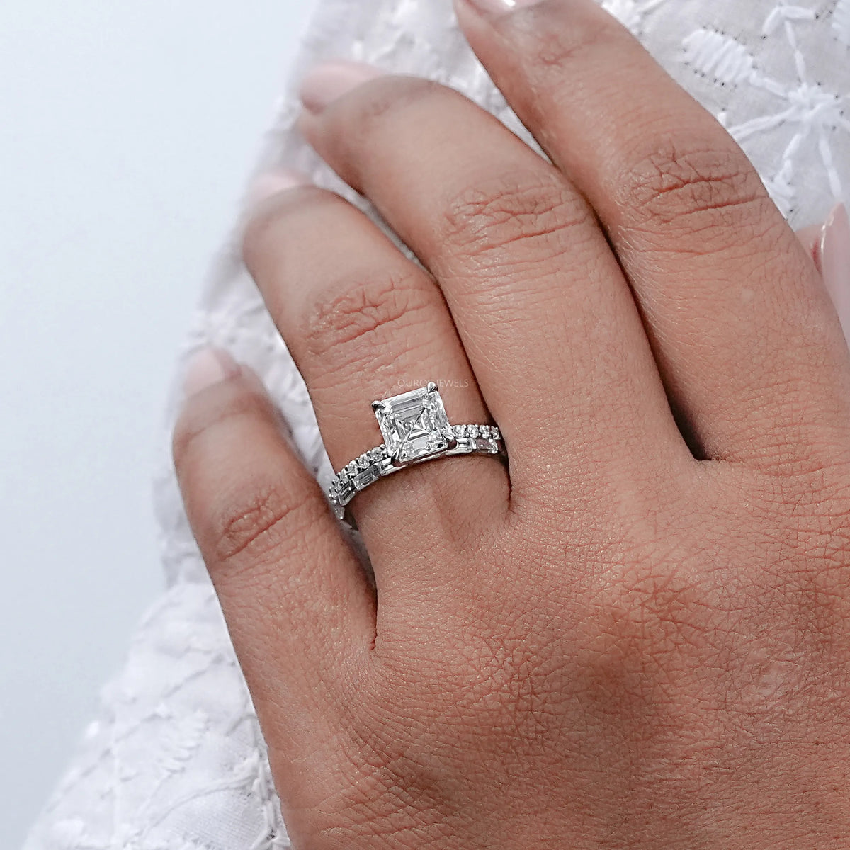 Asscher Lab Diamond Solitaire Accent Bridal Ring Set Rings
