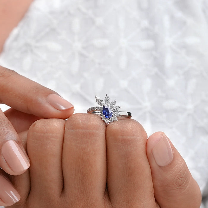 Pear Cut Blue Sapphire Cluster Bypass Engagement Ring 