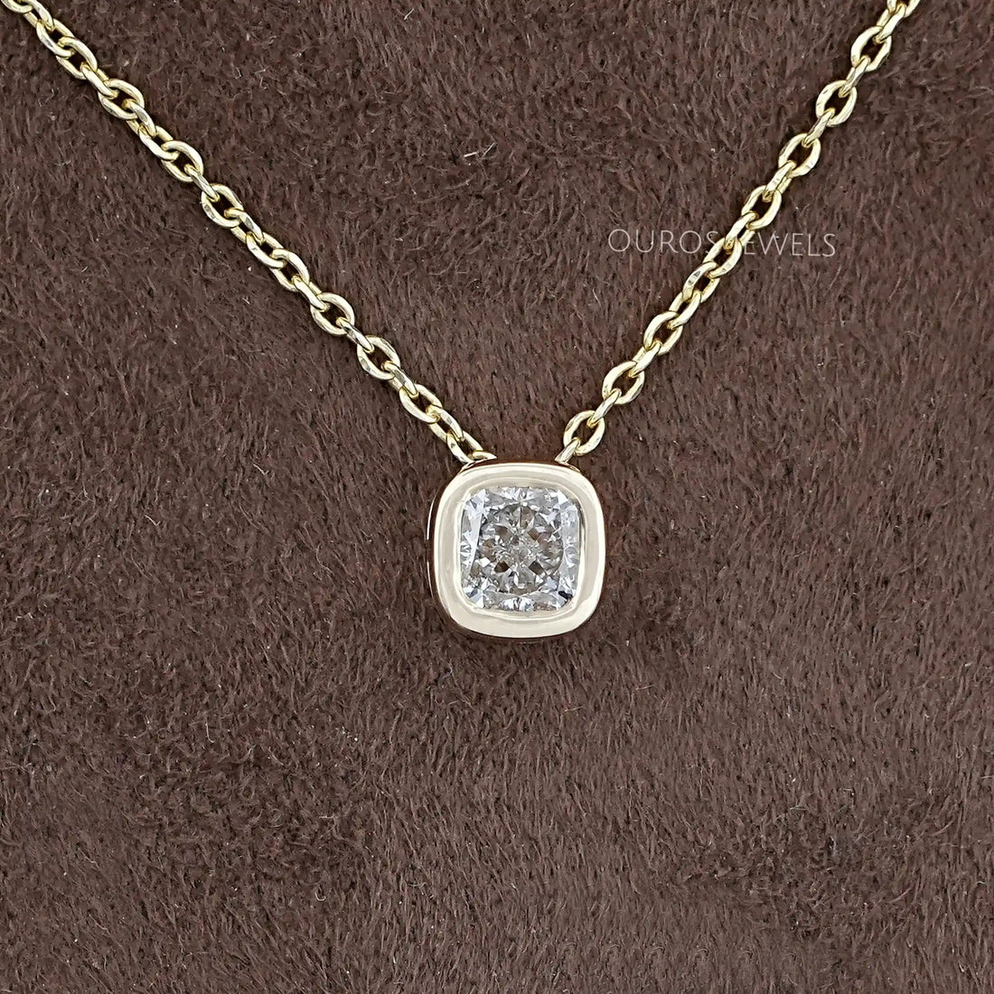 Square Cushion Diamond Bezel Set Solitaire Pendant Necklaces