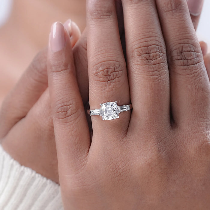 Square Old Mine Cushion Cut Lab Diamond Three Stone Ring