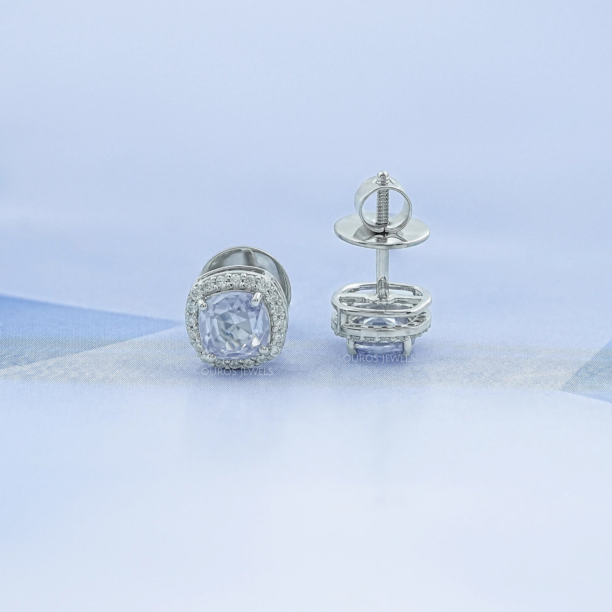 Blue Oval Sapphire Gemstone With Lab Diamond Halo Earring 