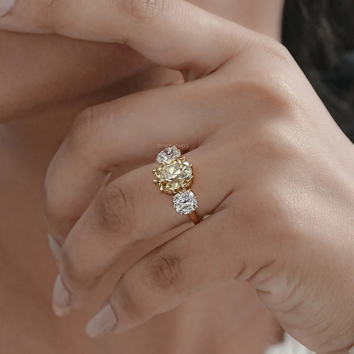 Fancy Yellow Old Mine Cushion Diamond Three Stone Ring