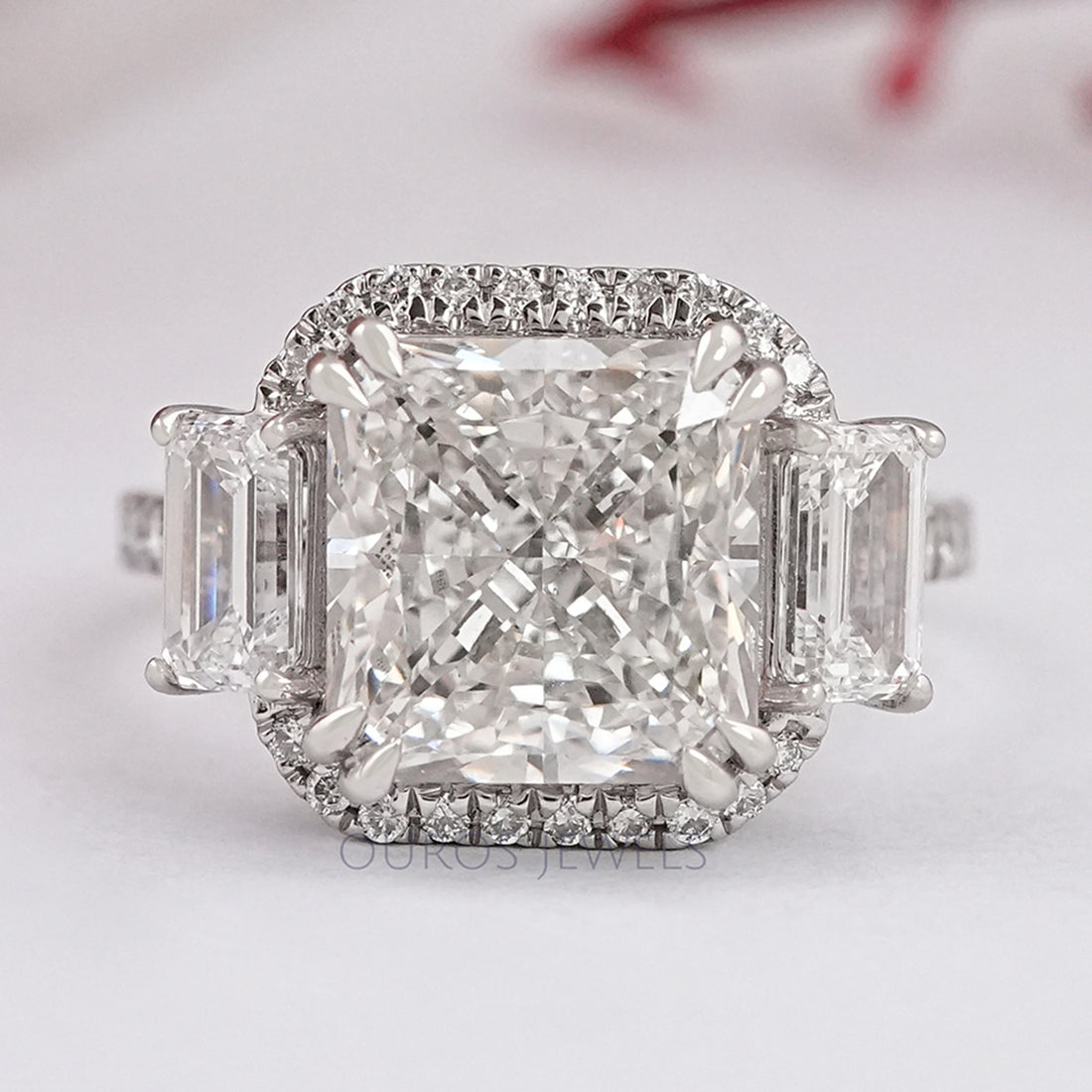 Square Radiant Cut Three Stone Halo With Accent Ring Rings