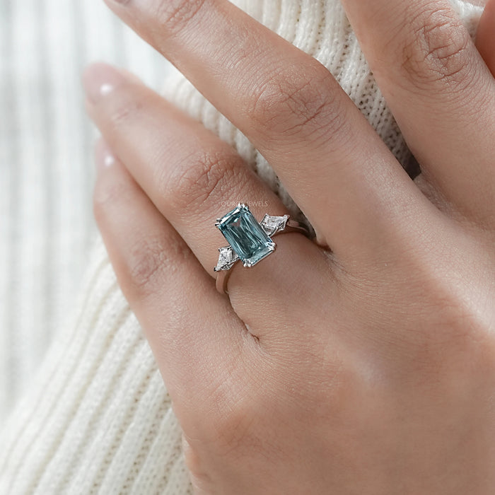 Green Scissor And Kite Cut Lab Diamond Three Stone Ring 