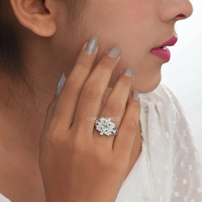 Step Cut Oval Diamond Cluster Engagement Ring