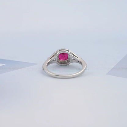 Cushion Cut Red Ruby Split Shank Halo Engagement Ring Ring