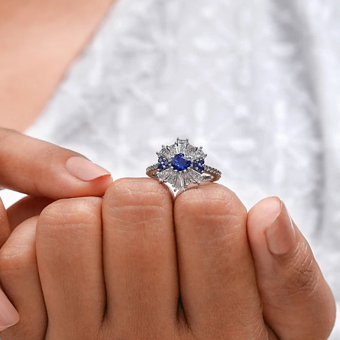 Tapered Baguette With Blue Round Gemstone Cluster Ring 