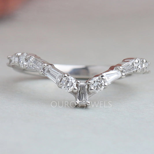 Tapered Baguette and Round Chevron Wedding Band Rings