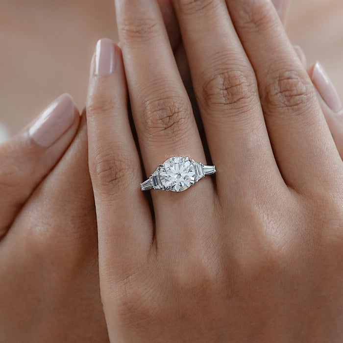 Round And Trapezoid Lab Diamond Five Stone Engagement Ring