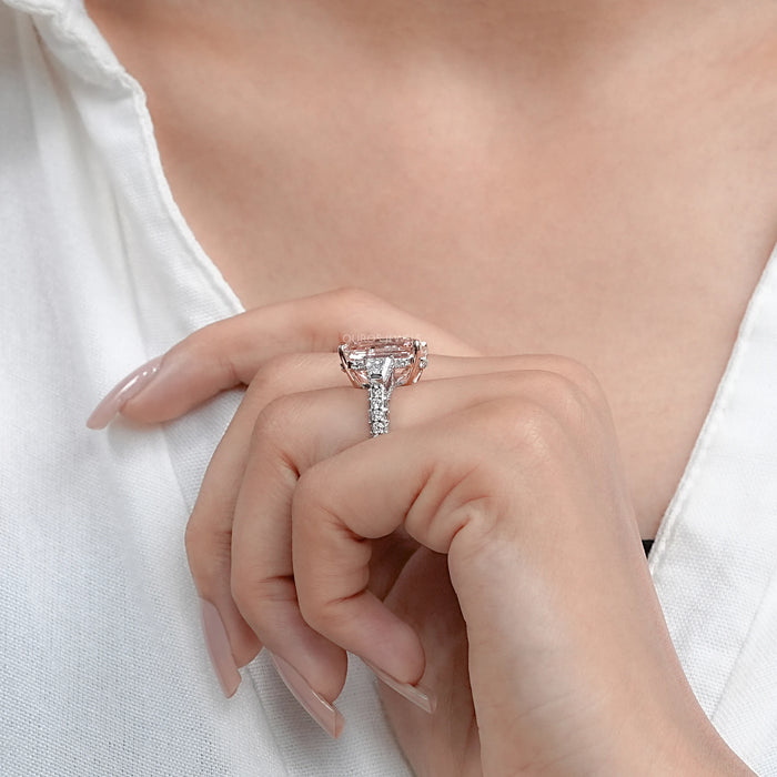 Pink Emerald Diamond Three Stone Hidden Halo Ring