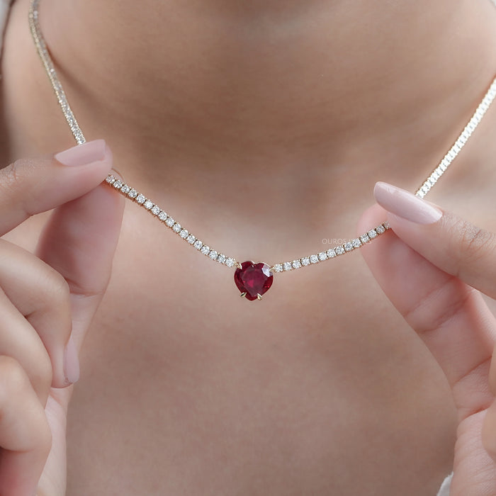 Heart Cut Ruby Gemstone And Round Lab Diamond Tennis Necklace 