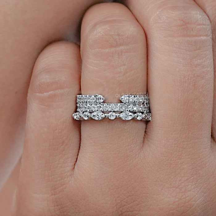 Three Row Round and Marquise Cut Diamond Half Eternity Band