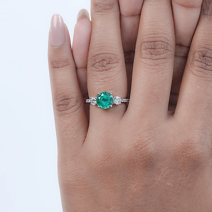 Green Round And Diamond Three Stone Accent Diamond Ring