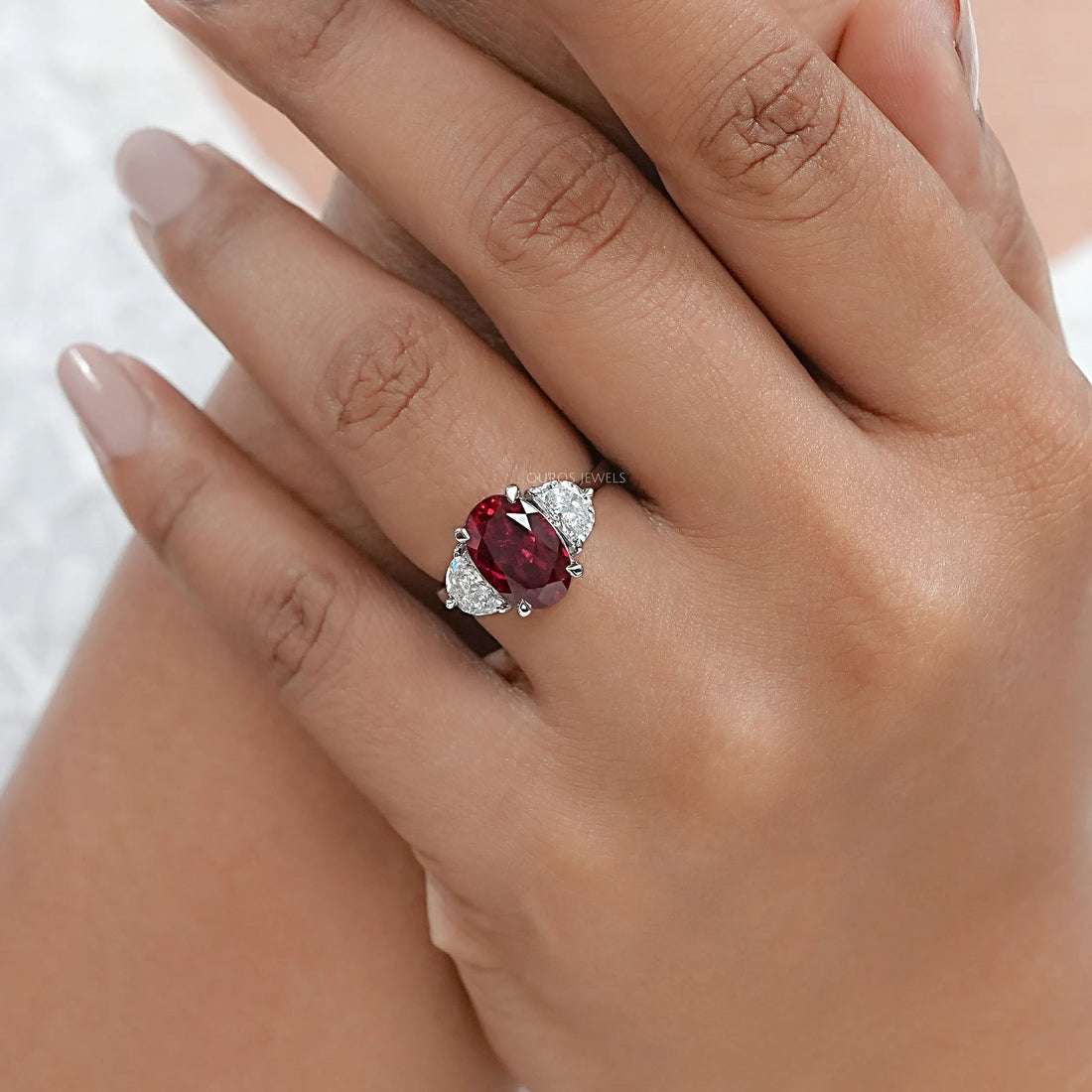 Ruby And Half Moon Diamond Three Stone Ring Ring