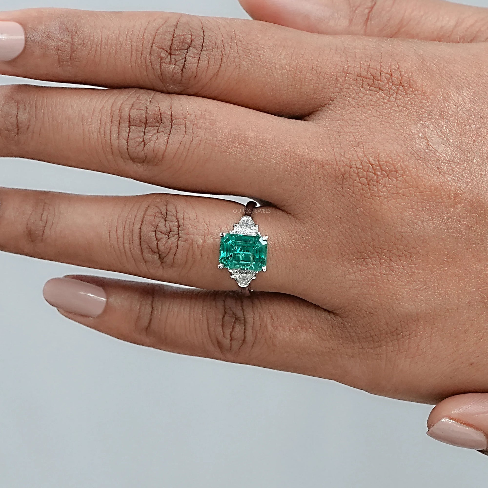 Green Emerald With Antique Diamond Three Stone Ring Ring
