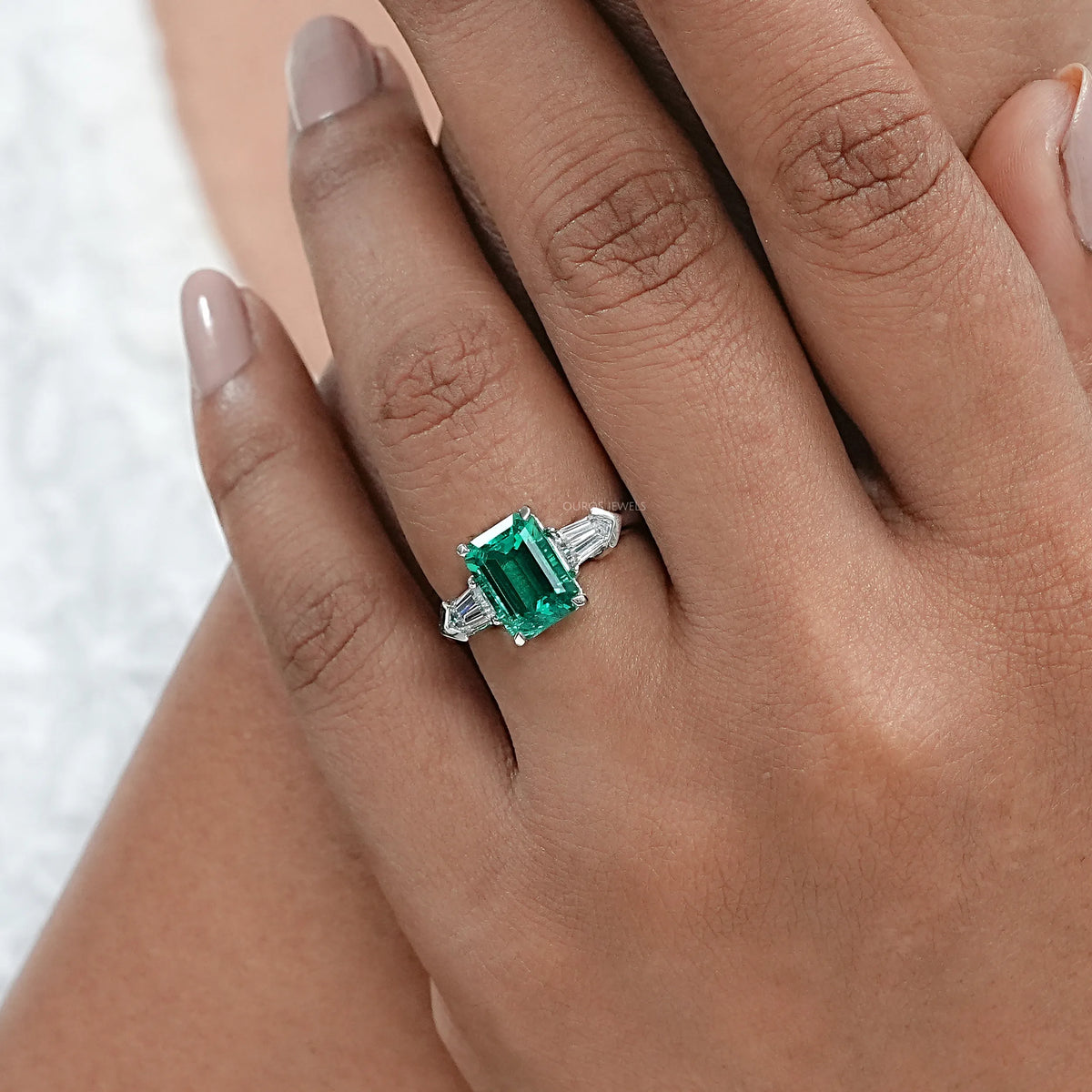 Three-Stone Emerald And Bullet Cut Diamond Ring Ring
