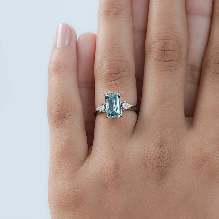 Green Scissor And Kite Cut Lab Diamond Three Stone Ring 