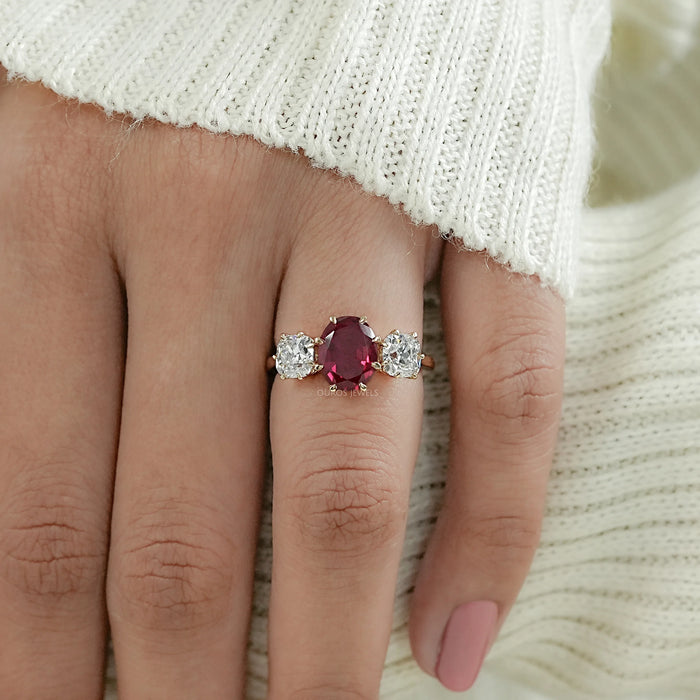 Three Stone Ruby Oval Gemstone Engagement Ring