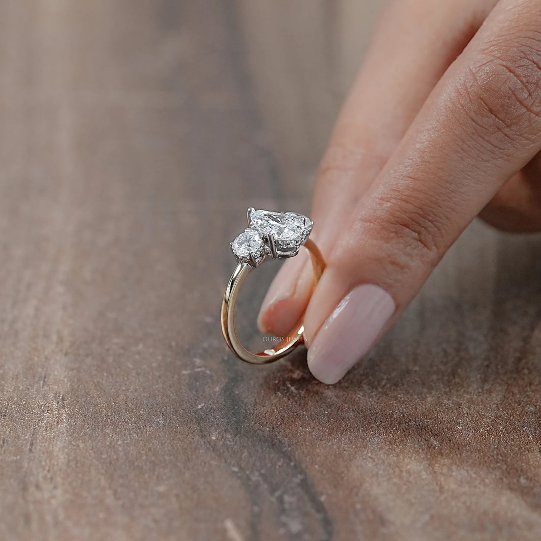 Three Stone Pear Diamond Hidden Halo Engagement Ring Rings