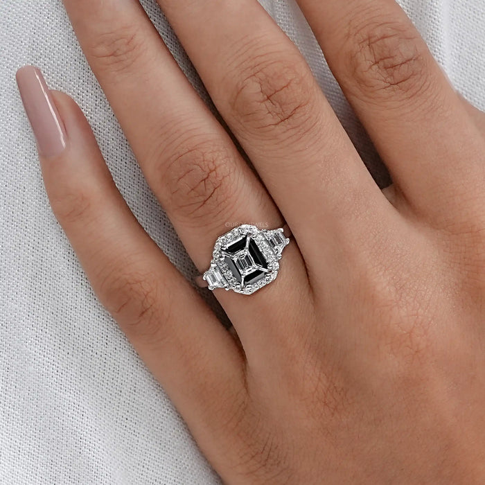 3 Stone Black Emerald Cut Diamond Ring