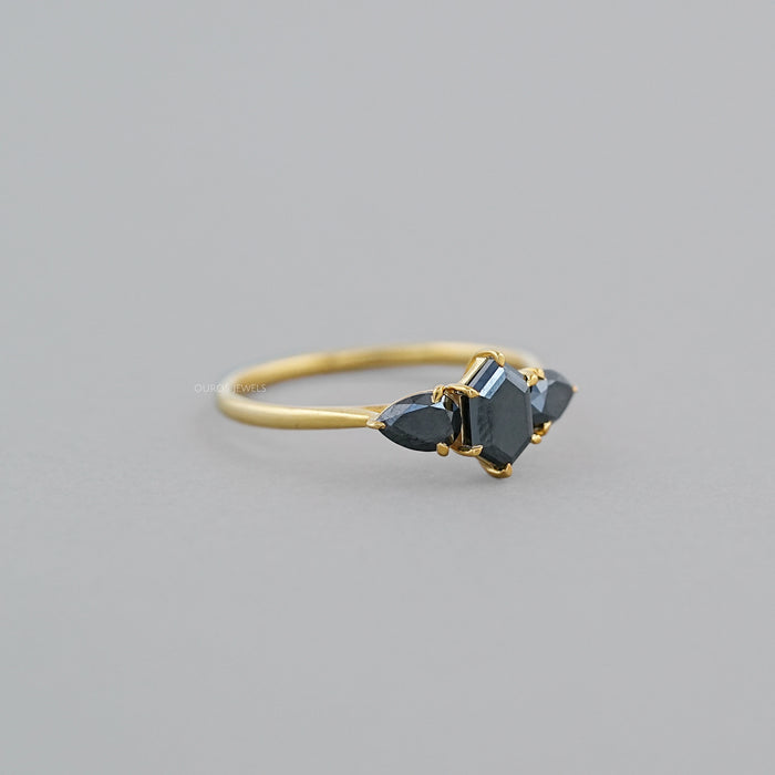 Hexagon and Pear Cut Black Lab Diamond Three Stone Ring