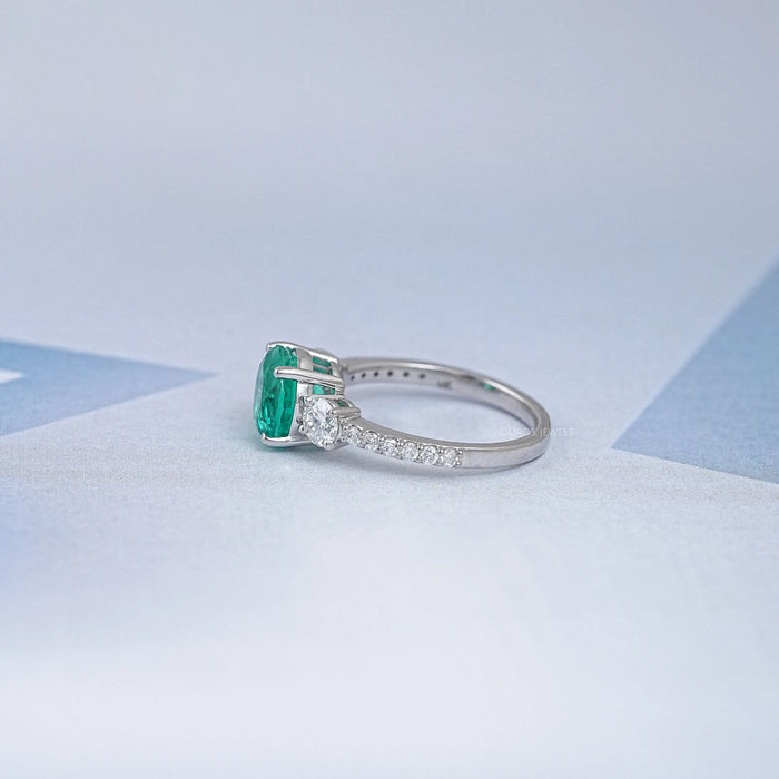 Green Round And Diamond Three Stone Accent Diamond Ring