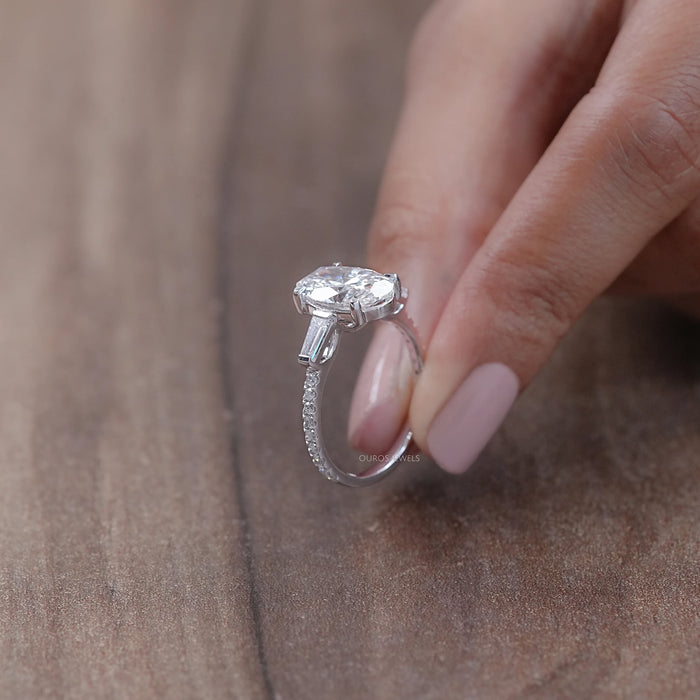 Oval & Tapered Baguette Cut Diamond Three Stone Engagement Ring 
