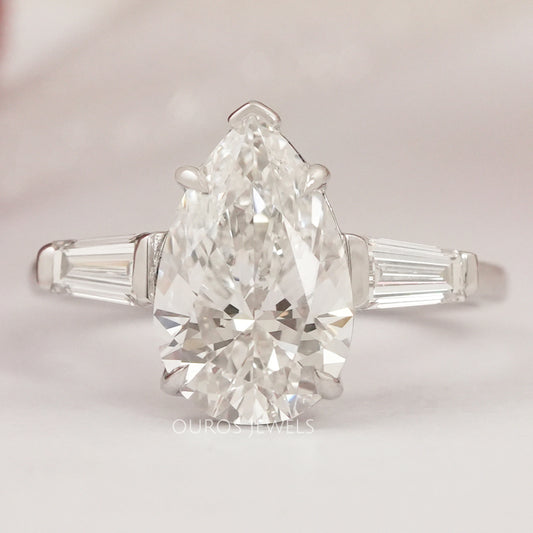Three Stone Pear Diamond Engagement Ring - With Tapered Baguettes Rings