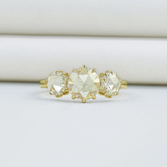 Three Stone Rose Cut Round Engagement Ring Ring