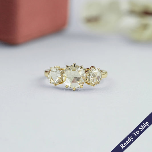 Three Stone Rose Cut Round Engagement Ring Ring