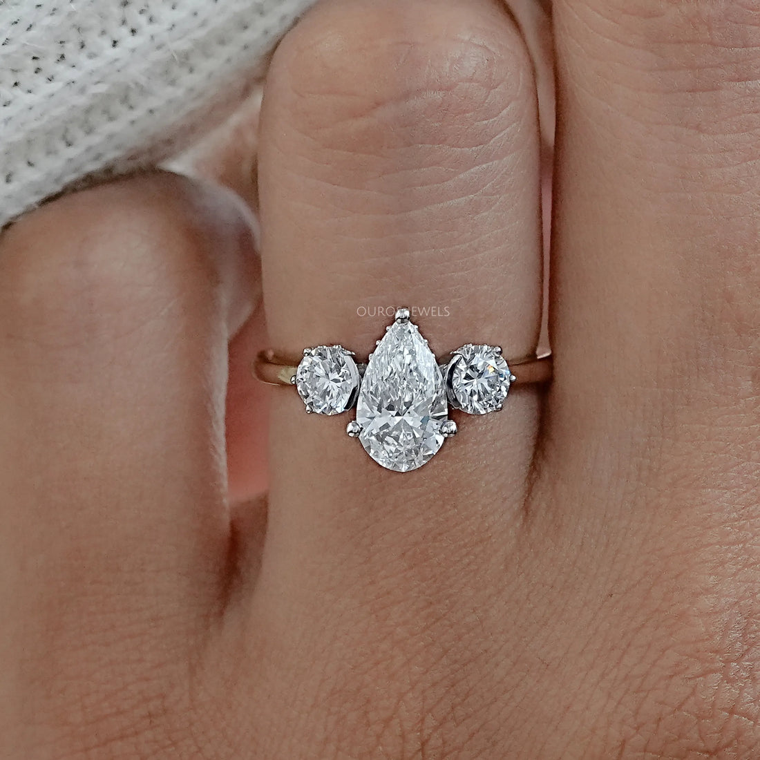 Three Stone Pear Diamond Hidden Halo Engagement Ring Rings