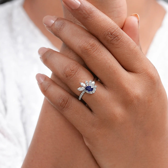 Pear Cut Blue Sapphire Cluster Bypass Engagement Ring 