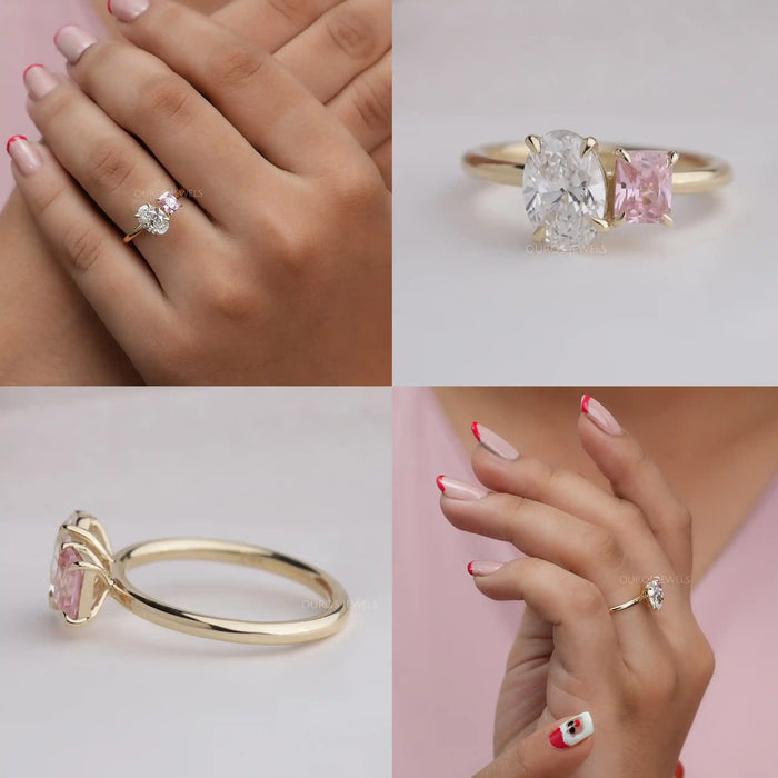 collage showing different view of oval diamond engagement ring
