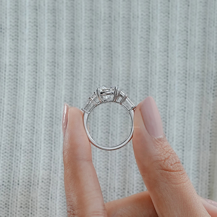 Round And Trapezoid Lab Diamond Five Stone Engagement Ring