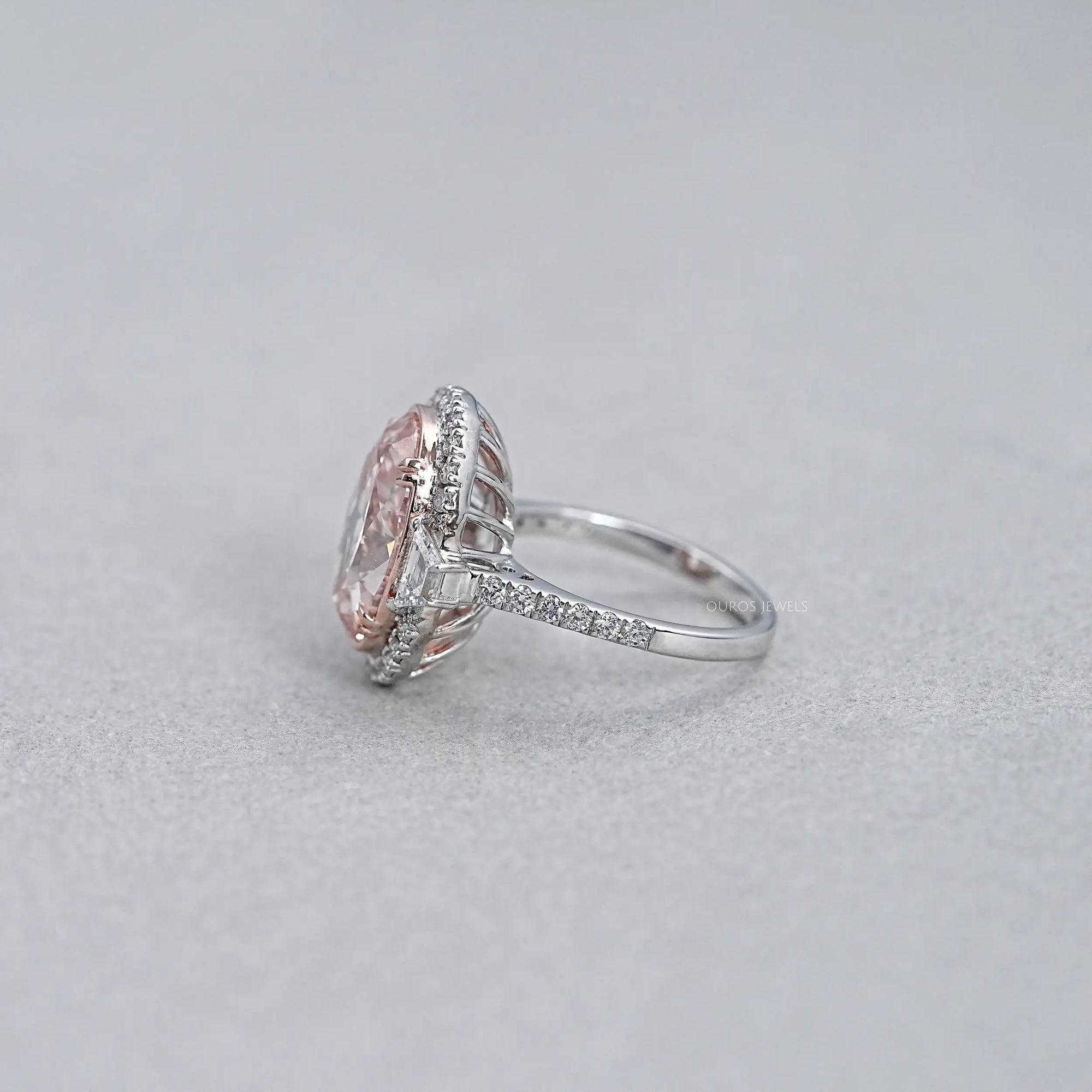 Trapezoid With Pink Oval Accent Halo Diamond Ring Rings