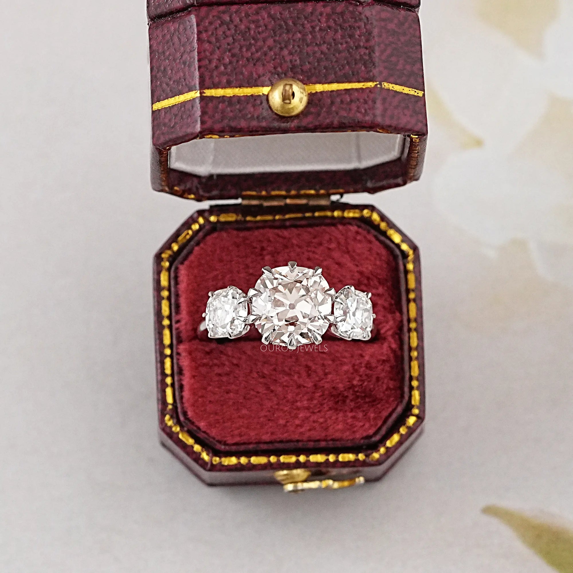 Tri Diamond Old Mine Cushion Cut Engagement Ring Rings