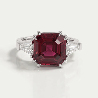 Asscher Cut Ruby Gemstone Tri Stone Ring